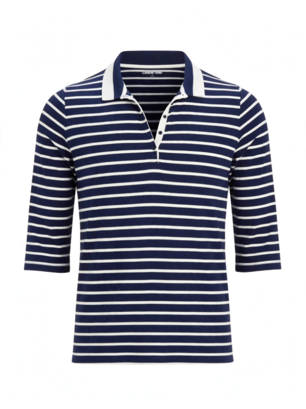 Women's Lands' End Navy Blue & White Striped Long Sleeve Polo Shirt Size L